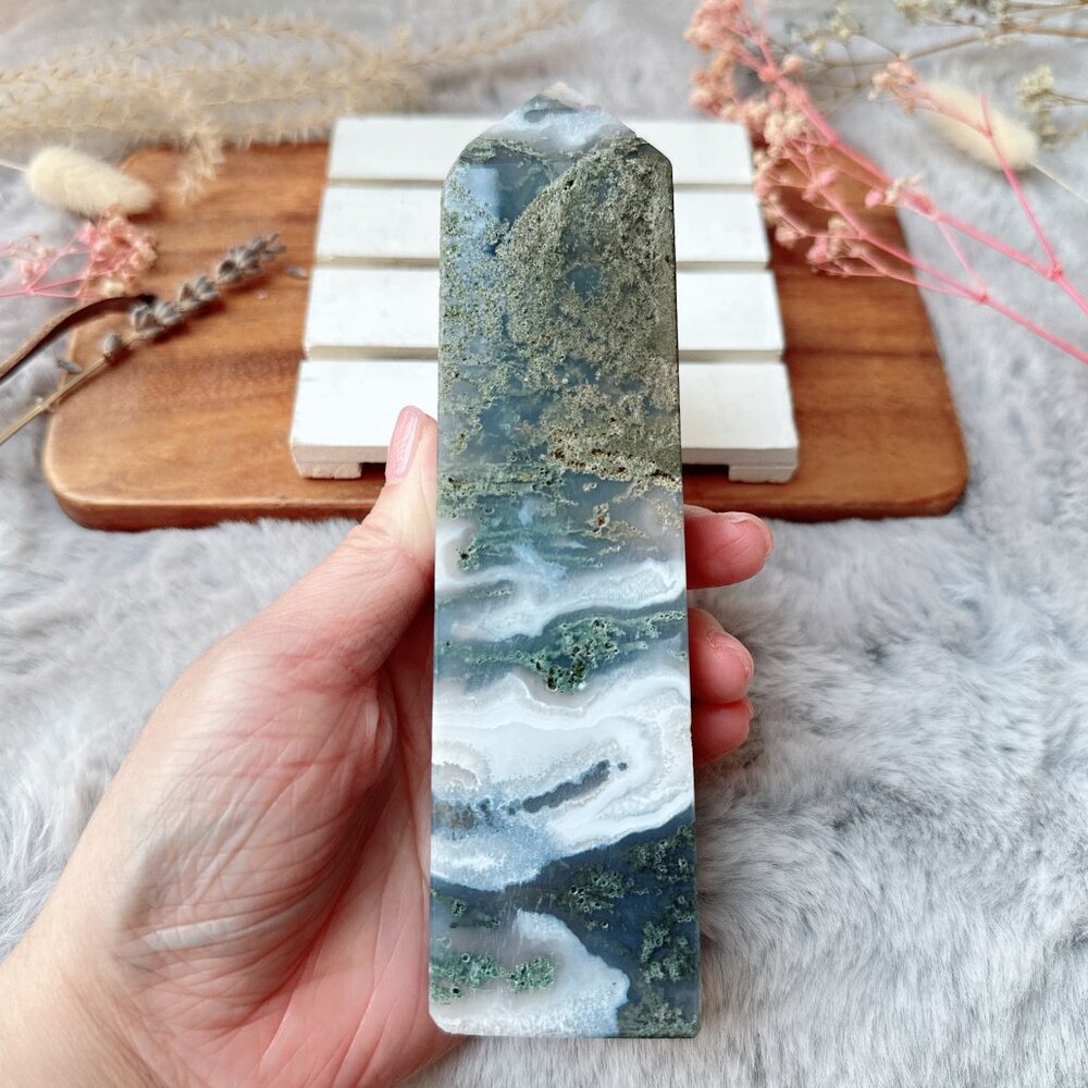 Beautiful Moss Agate Tower Obelisk